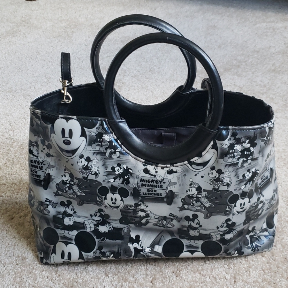 Black and white illustrated Mickey Mouse handbag
